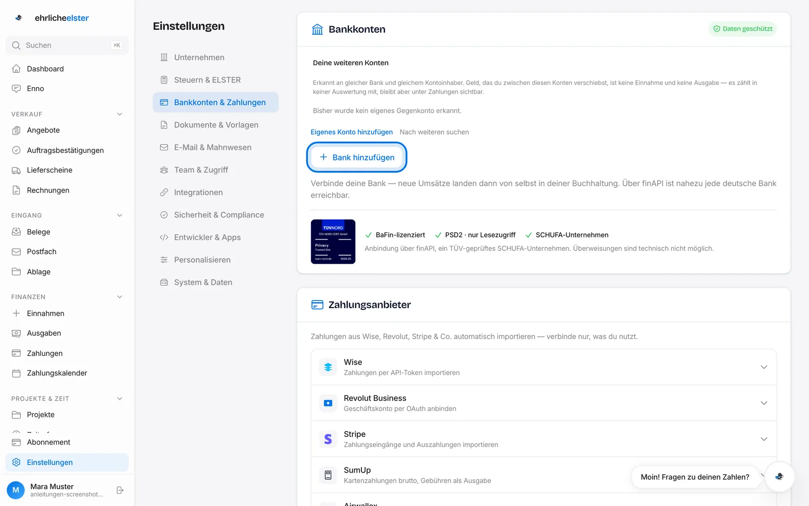 Einstellungen → Bankkonten & Zahlungen: Karte „Bankkonten" mit hervorgehobenem Knopf „Bank hinzufügen", darunter „Zahlungsanbieter"