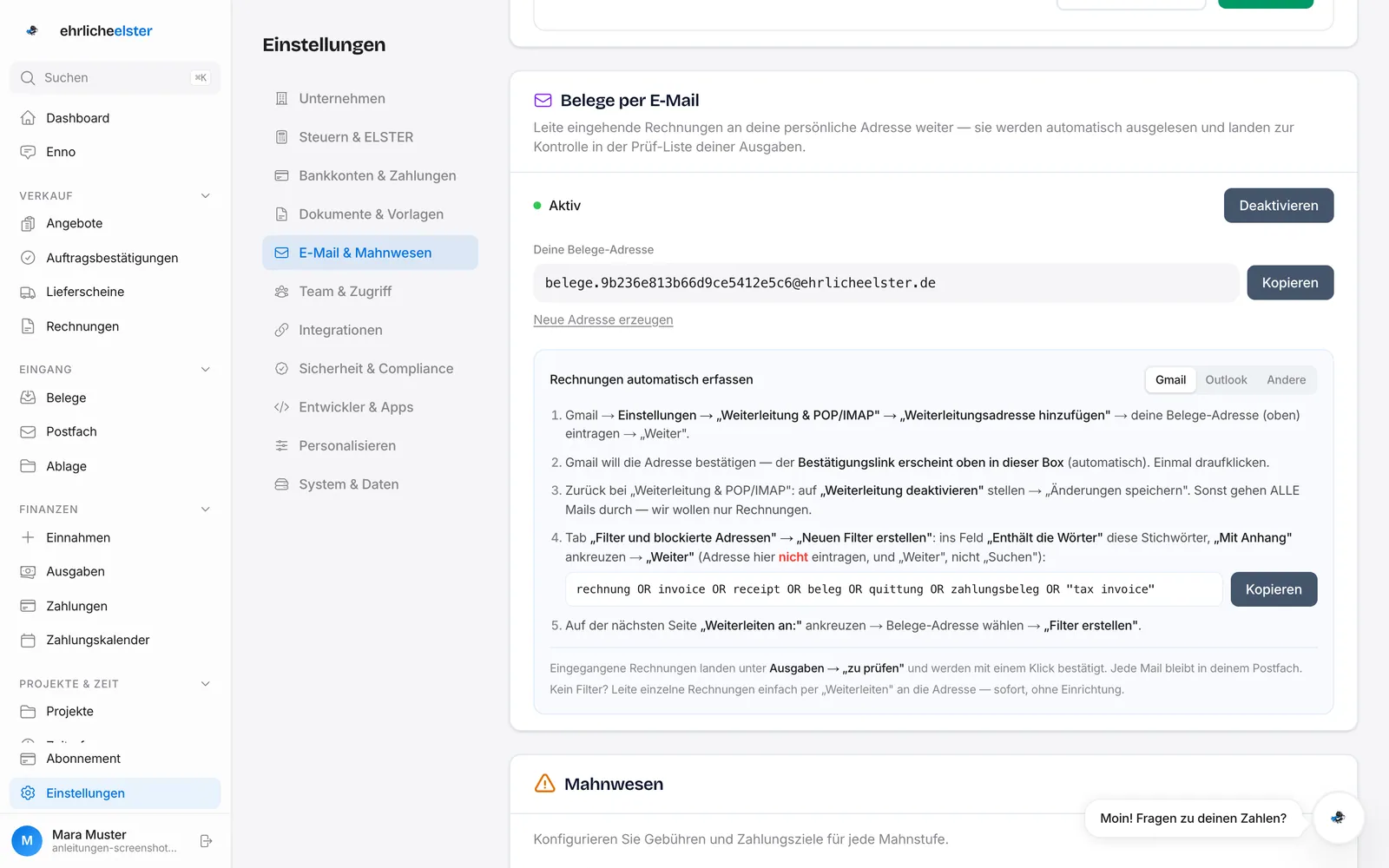 Einstellungen → E-Mail & Mahnwesen: Karte „Belege per E-Mail" mit deiner persönlichen Belege-Adresse