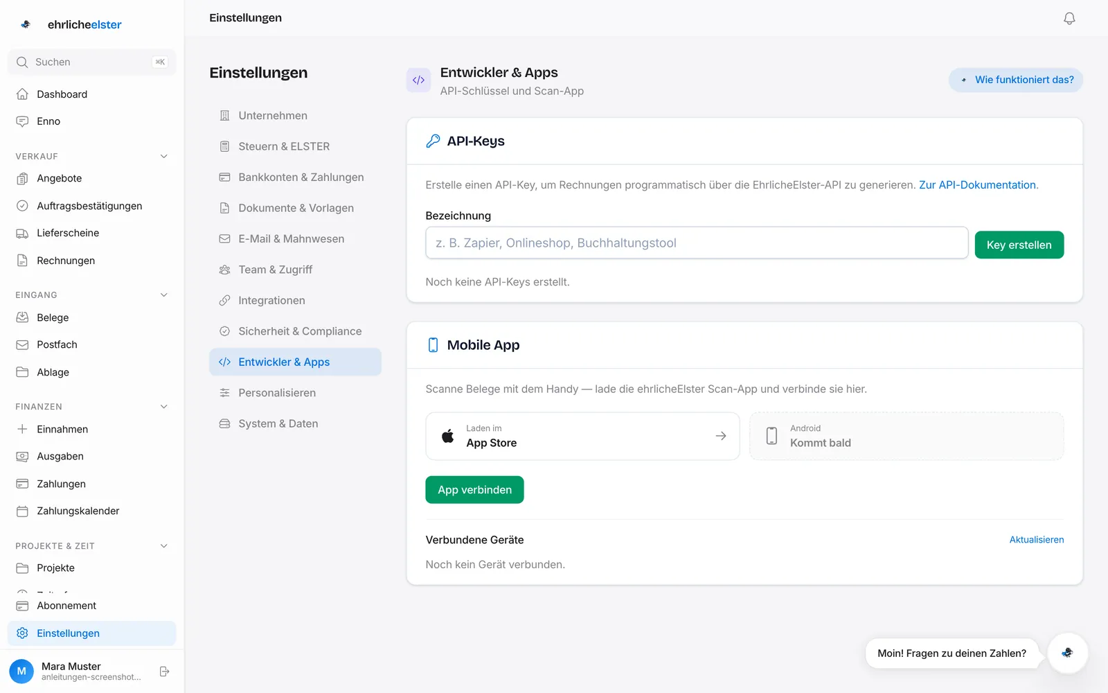 Einstellungen → Entwickler & Apps: Karte „Mobile App" mit App-Store-Link, „App verbinden" und der Liste „Verbundene Geräte"