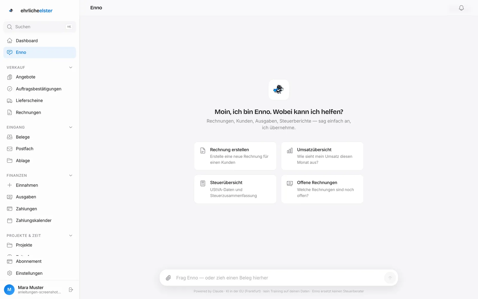 Enno-Chat mit Begrüßung, Vorschlägen und dem Eingabefeld „Frag Enno — oder zieh einen Beleg hierher"