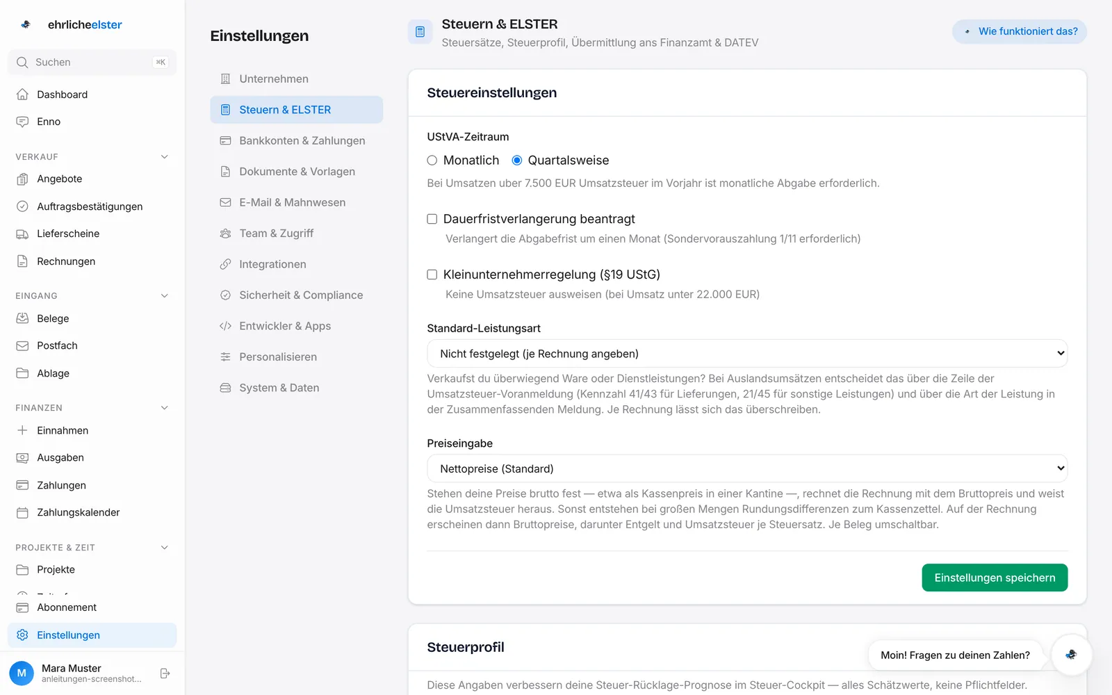 Einstellungen → Steuern & ELSTER: UStVA-Zeitraum, Kleinunternehmerregelung und Preiseingabe