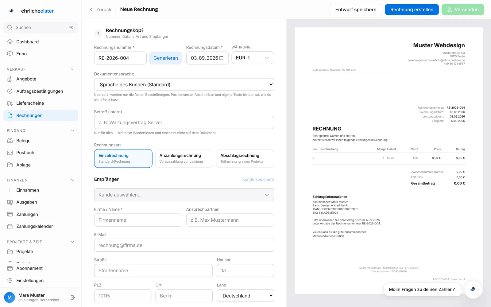 Rechnungs-Editor: links Rechnungskopf mit Nummer, Datum und Empfänger, rechts die Live-Vorschau