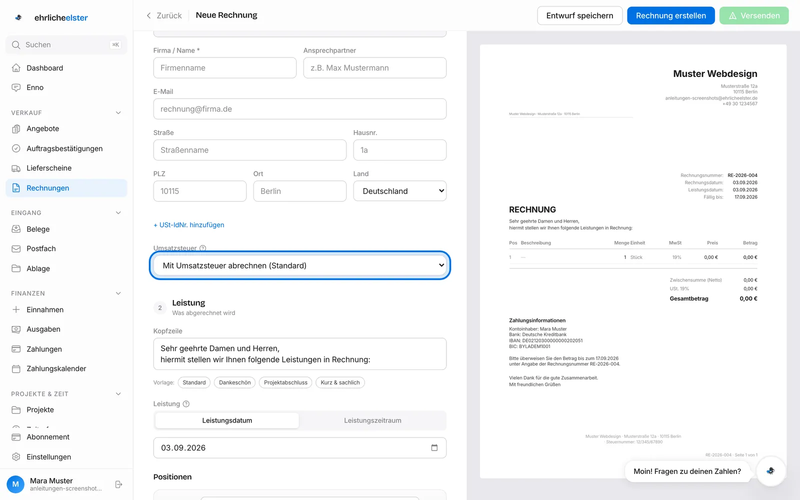 Auswahlfeld „Umsatzsteuer" im Editor, vorbelegt mit „Mit Umsatzsteuer abrechnen (Standard)"
