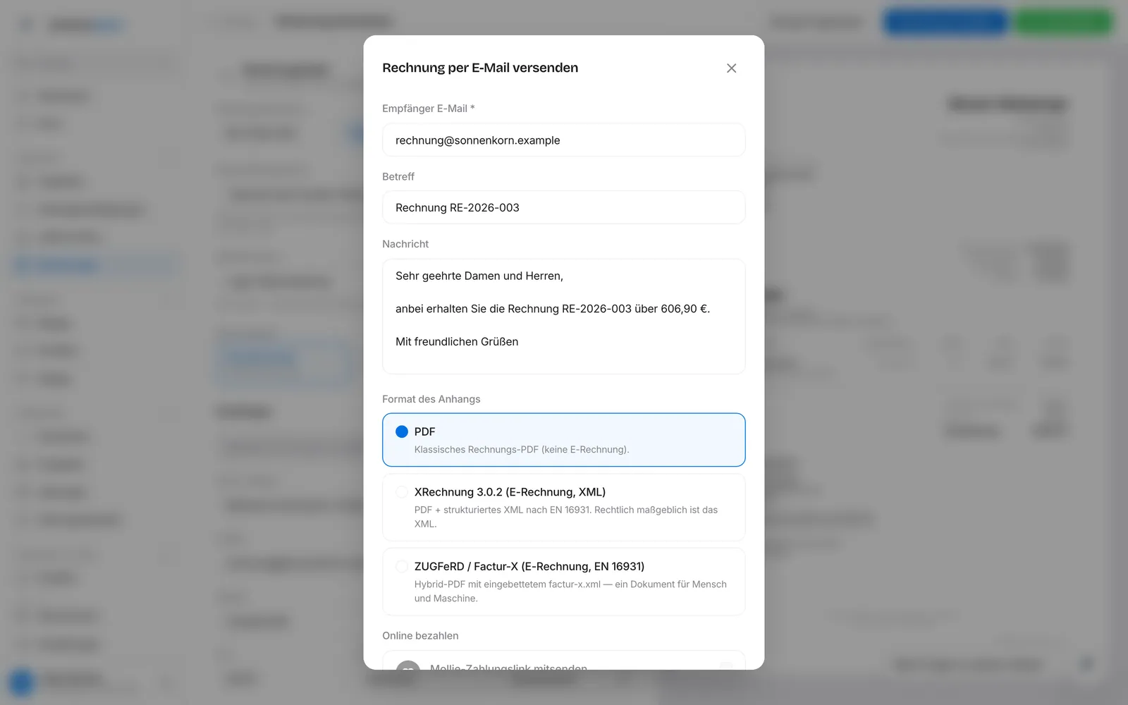 Dialog „Rechnung per E-Mail versenden" mit Empfänger, Betreff, Nachricht und den Formaten PDF, XRechnung, ZUGFeRD