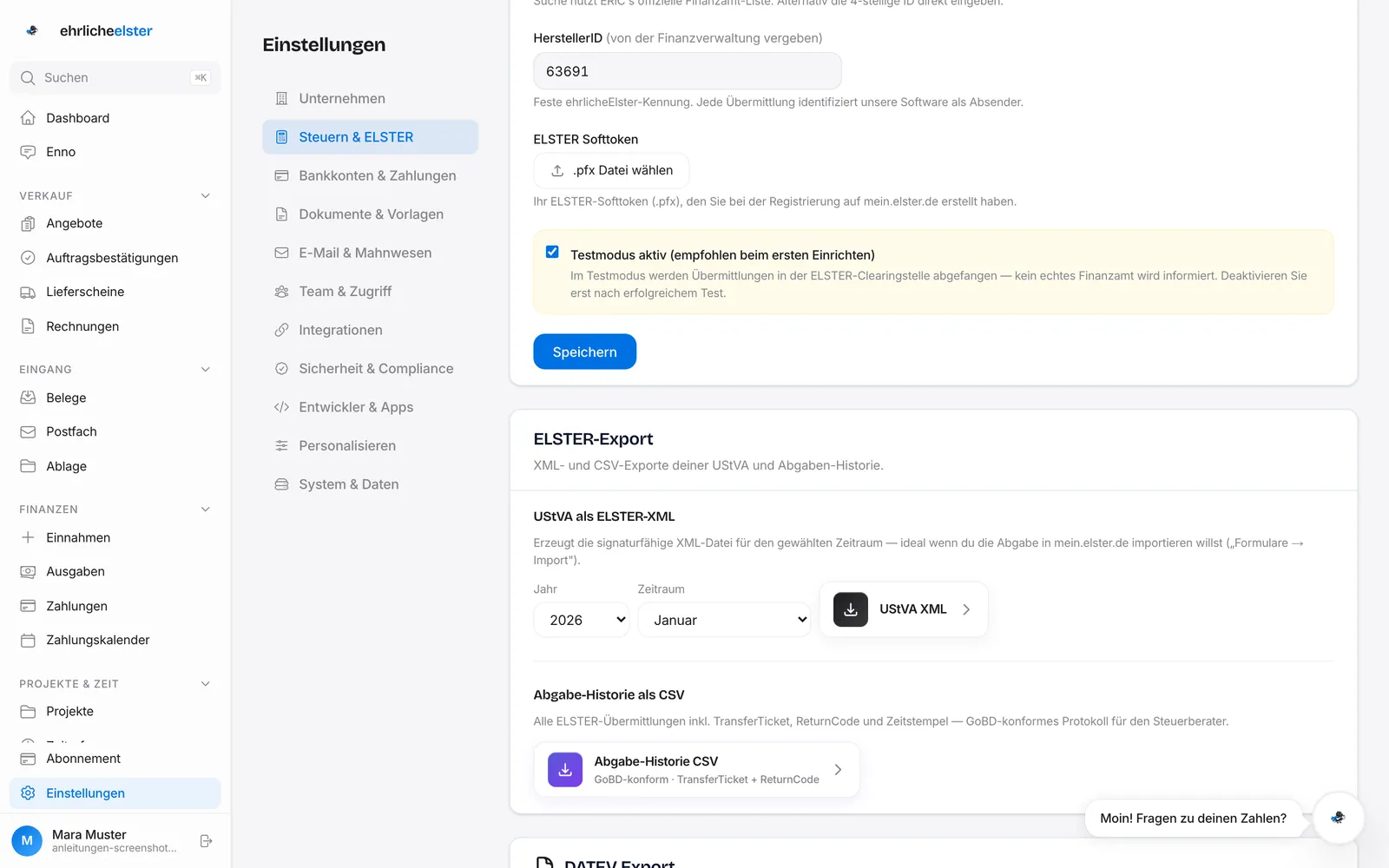 Karte „ELSTER-Zertifikat" mit „.pfx Datei wählen" und aktivem Testmodus