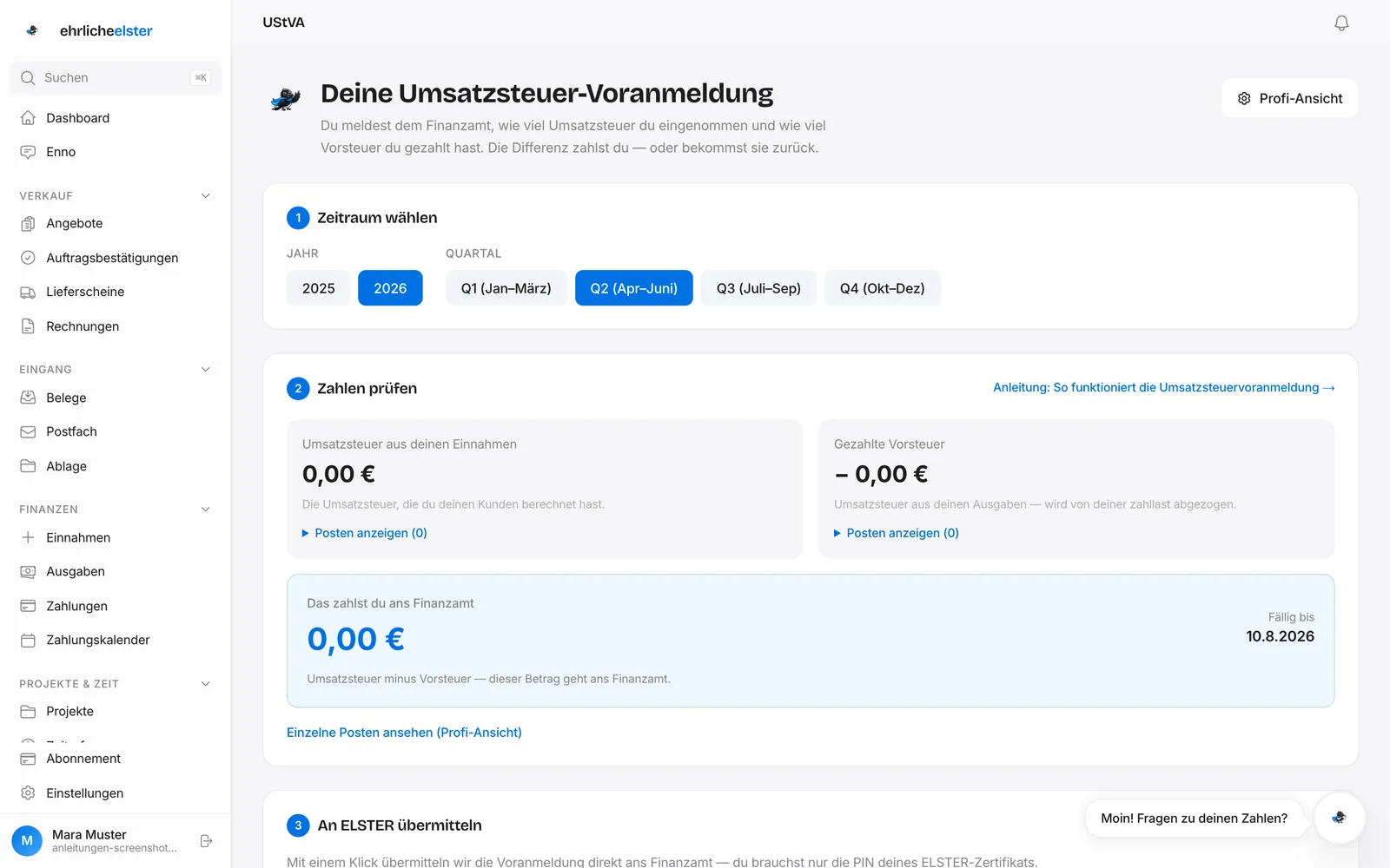 UStVA in der Einsteiger-Ansicht: Zeitraum wählen, Zahlen prüfen, an ELSTER übermitteln