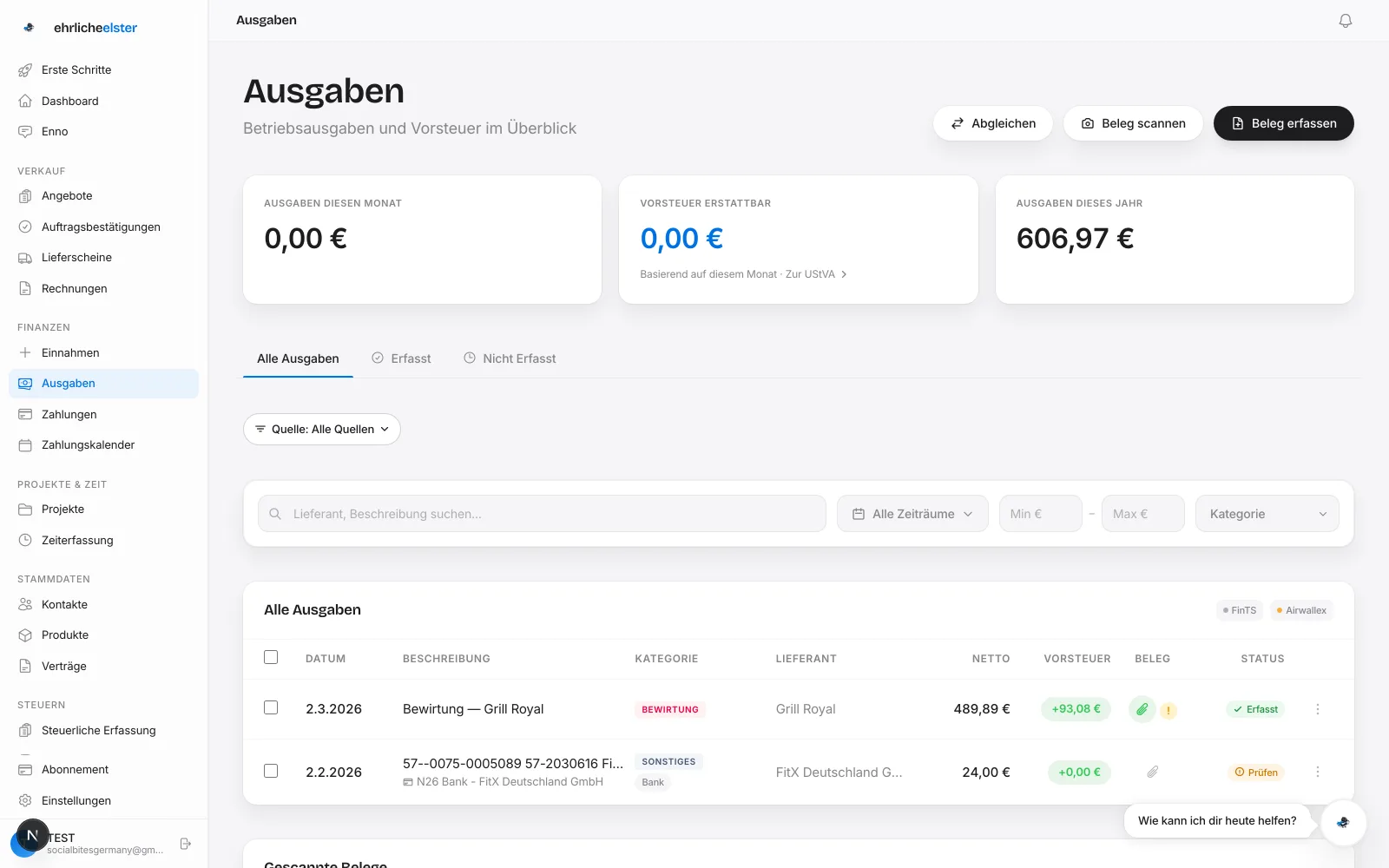 Die Ausgaben-Ansicht: kategorisierte Ausgaben mit Belegen und Erfassungsstatus