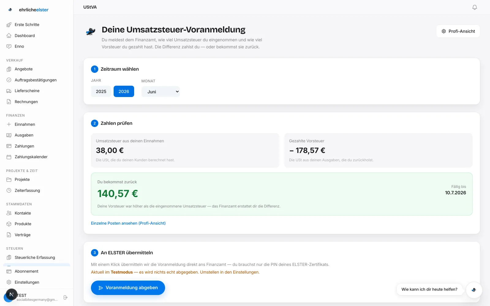 Die UStVA-Ansicht: berechnete Voranmeldung, bereit zur Übermittlung ans Finanzamt